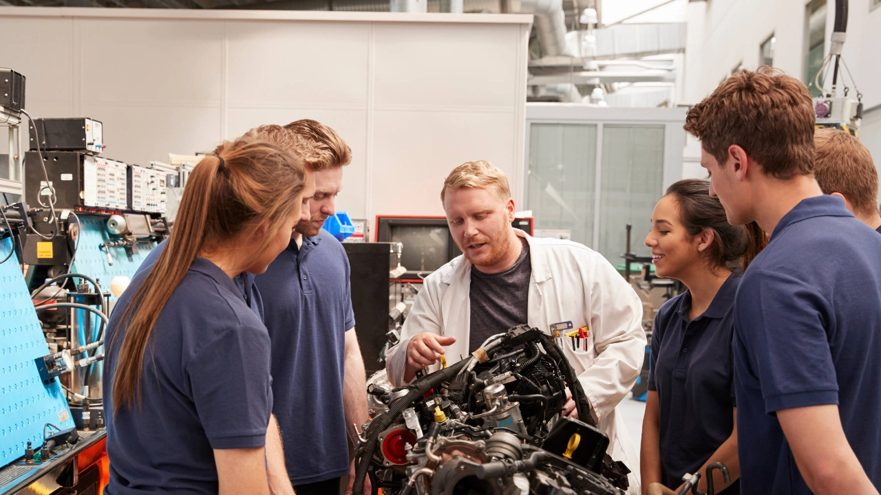 Auszubildende und Ausbilder stehen um einen Motor herum.